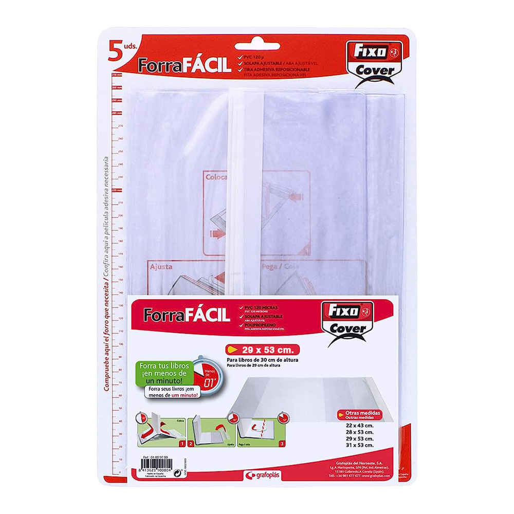 PACK CON 5 FORROS PARA LIBROS AJUSTABLES DE PVC TRANSPARENTES 290x530mm GRAFOPLAS