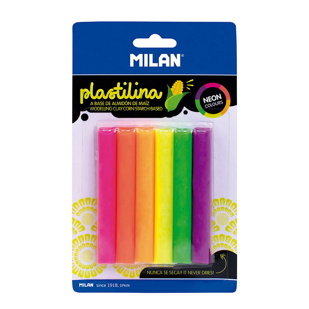 BLÍSTER CON 6 BARRITAS DE PLASTILINA DE COLORES DE FLUORESCENTES 70g MILAN