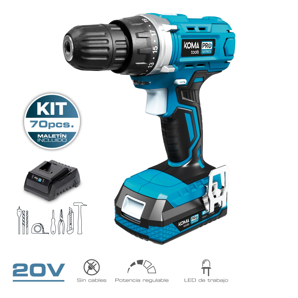 KIT MALETIN TALADRO ATORNILLADOR CON 70 ACCESORIOS 20V CON BATERÍA Y CARGADOR KOMA TOOLS