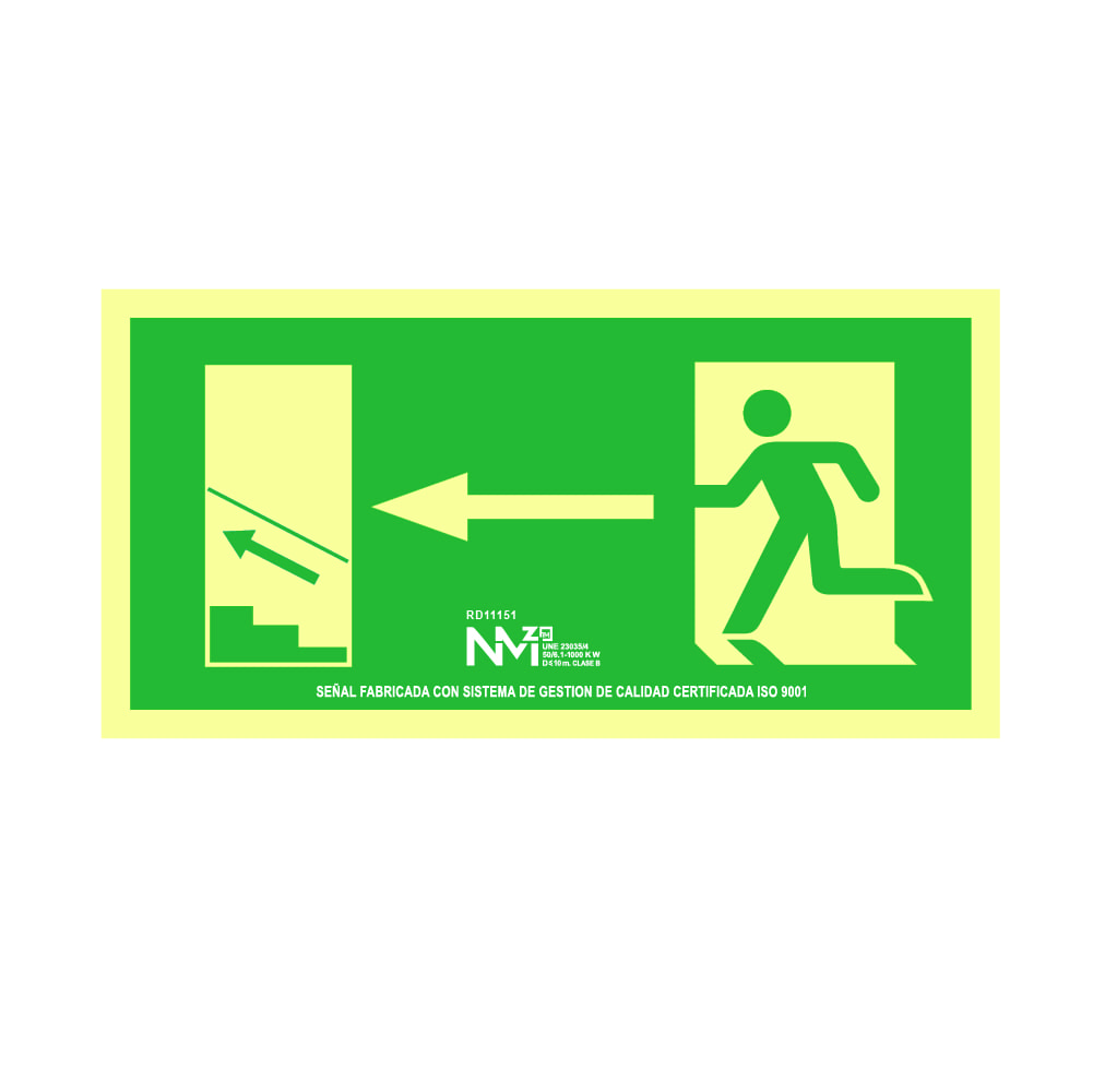 CARTEL EVACUACIÓN ESCALERA ARRIBA IZQUIERDA PVC 0,7mm CLASE B 32x16cm B11151 NORMALUZ