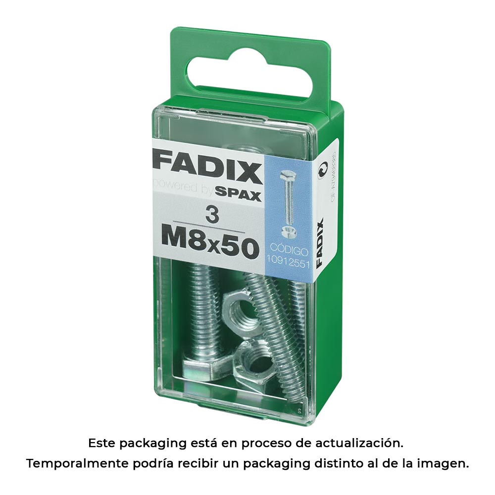 CAJA S 3 unid. TORNILLO METRICA CAB HEX+TUERCA CINC M 8x50mm FADIX