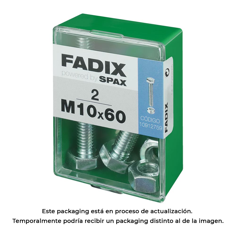 CAJA M 2 unid. TORNILLO METRICA CAB HEX+TUERCA CINC M 10x60mm FADIX