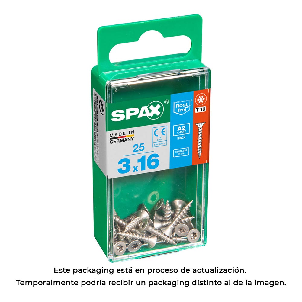 CAJA 25 unid. TORNILLO MADERA SPAX CABEZA PLANA INOX A2 3,0x16mm SPAX