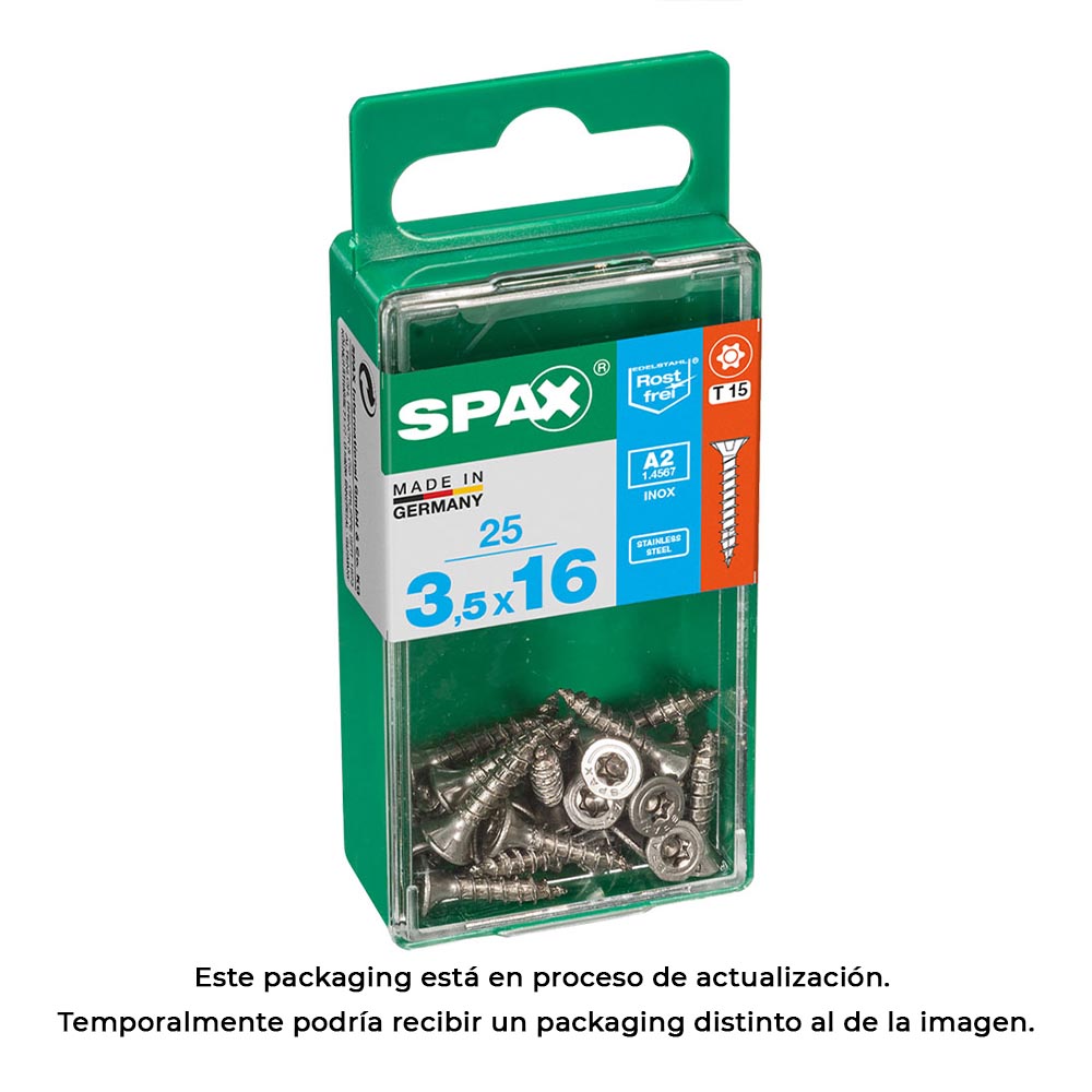 CAJA 25 unid. TORNILLO MADERA SPAX CABEZA PLANA INOX A2 3,5x16mm SPAX