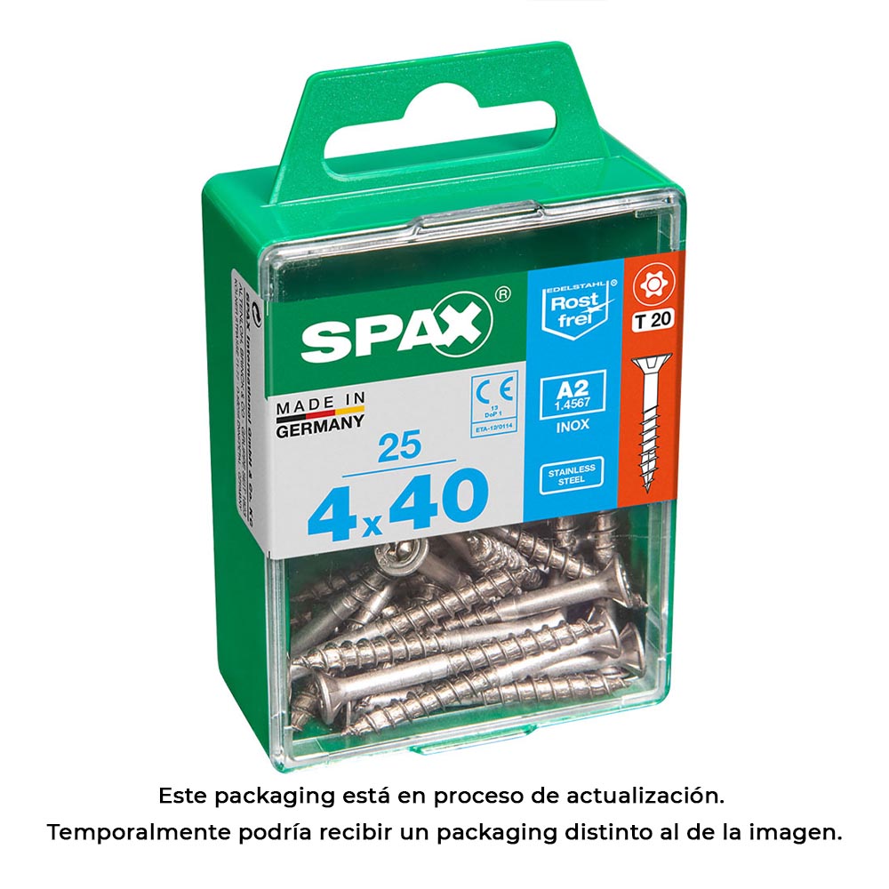 CAJA 25 unid. TORNILLO MADERA SPAX CABEZA PLANA INOX A2 4,0x40mm SPAX