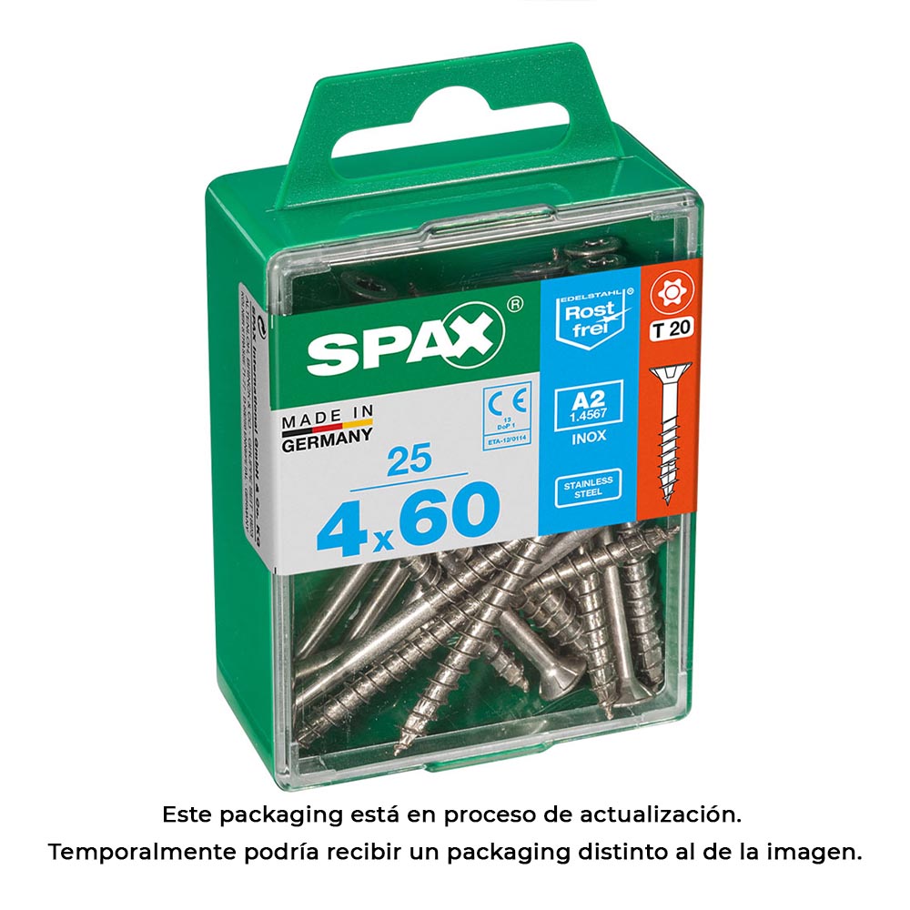 CAJA 25 unid. TORNILLO MADERA SPAX CABEZA PLANA INOX A2 4,0x60mm SPAX