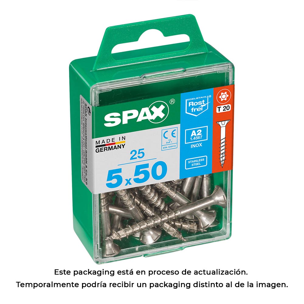 CAJA 25 unid. TORNILLO MADERA SPAX CABEZA PLANA INOX A2 5,0x50mm SPAX