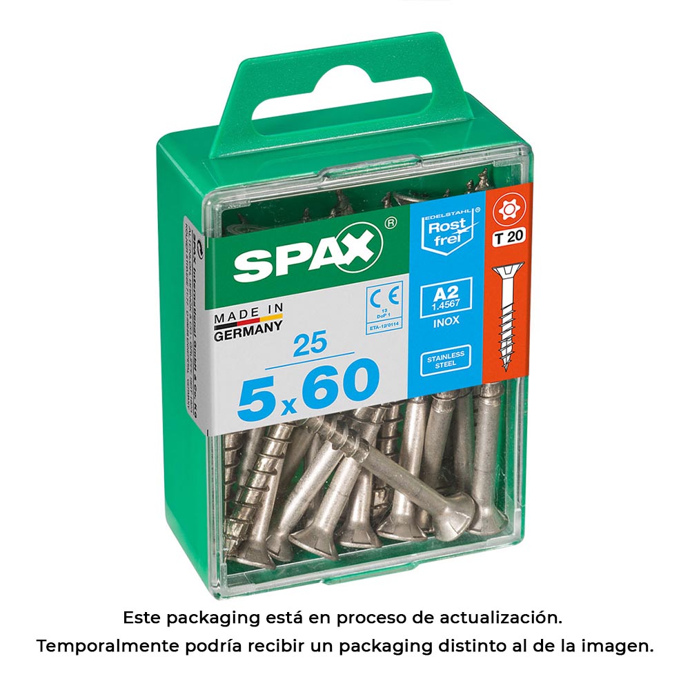 CAJA 25 unid. TORNILLO MADERA SPAX CABEZA PLANA INOX A2 5,0x60mm SPAX