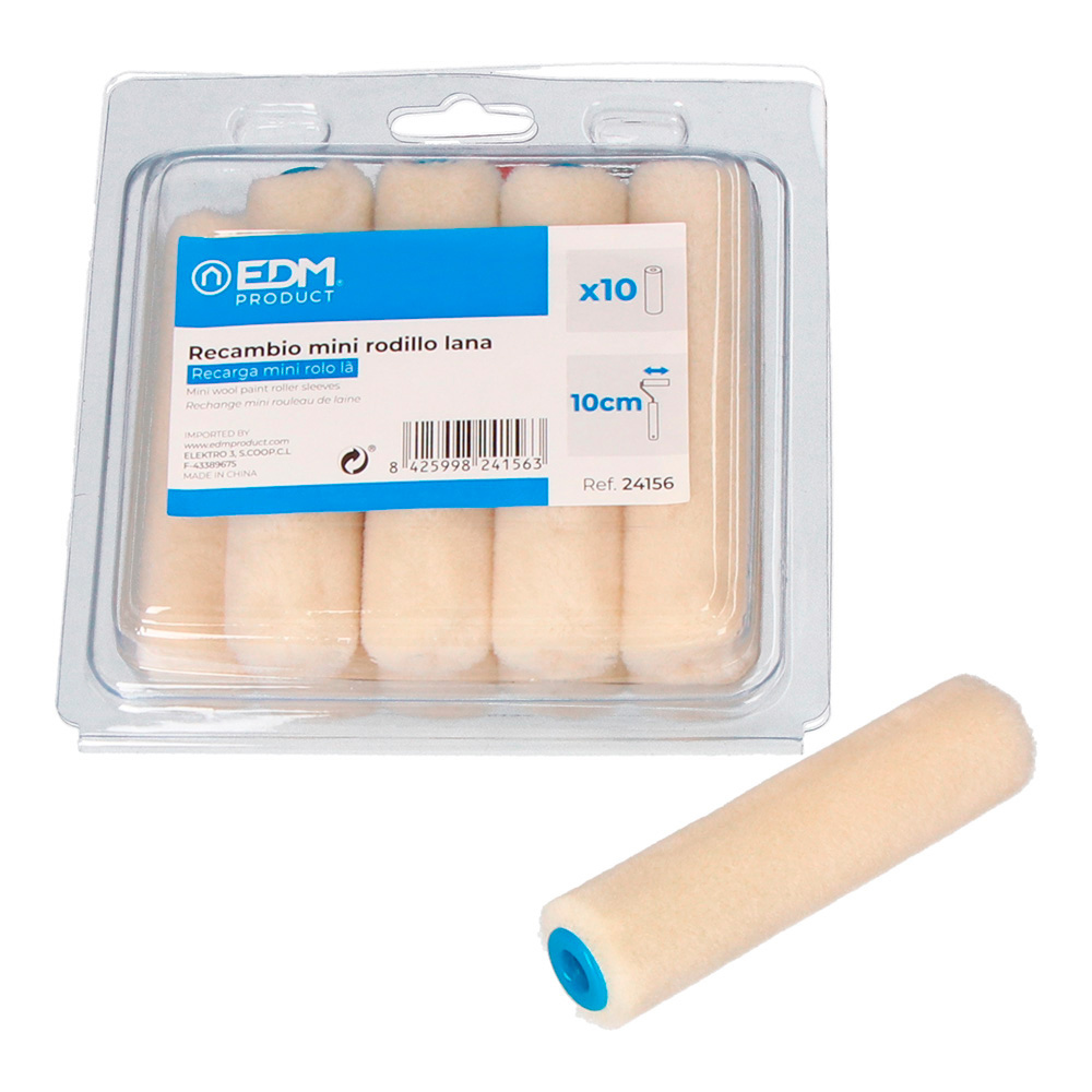 RECAMBIO MINI RODILLO LANA 110mm 10 unid. PELO CORTO ESPECIAL PARA BARNICES Y PINTURAS PARA SUELOS. EDM - Ítem