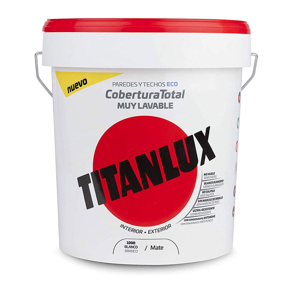 PINTURA PLÁSTICA LAVABLE MATE INTERIOR-EXTERIOR COBERTURA TOTAL BLANCO 15L TITANLUX 06T100015