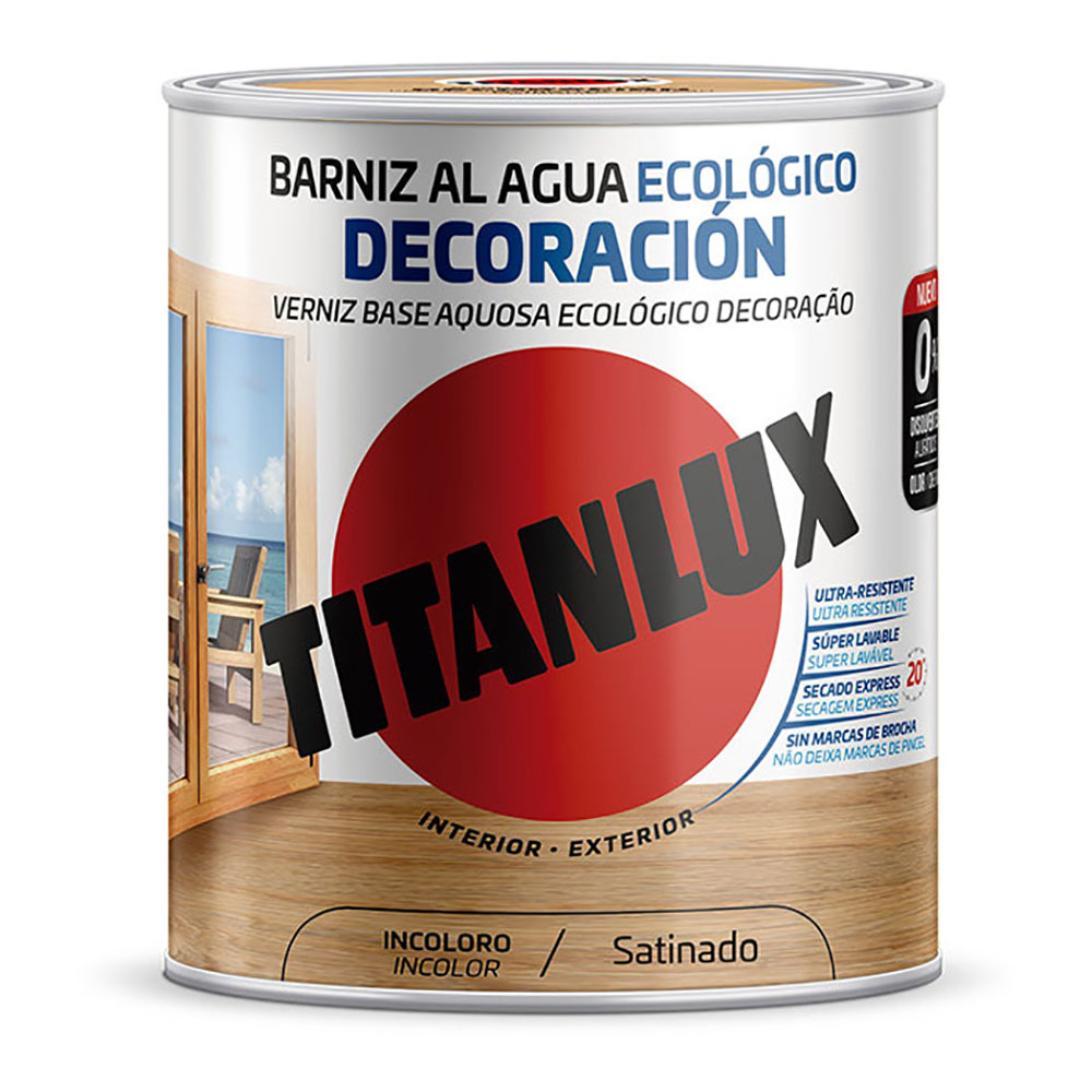 BARNIZ AL AGUA ECOLÓGICO DECORACIÓN SATINADO INCOLORO 0,250L TITANLUX M21100014