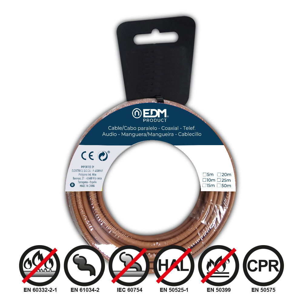 CARRETE CABLECILLO FLEXIBLE 1,5mm MARRON LIBRE DE HALÓGENOS 15m