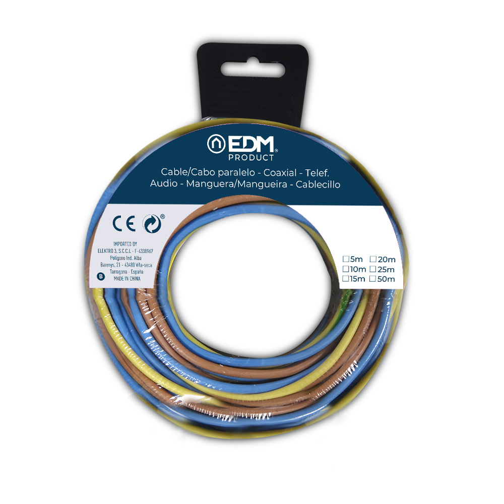 CARRETE CABLECILLO FLEXIBLE 1,5mm 3 CABLES (AZ-M-T) 5m POR COLOR TOTAL 15m