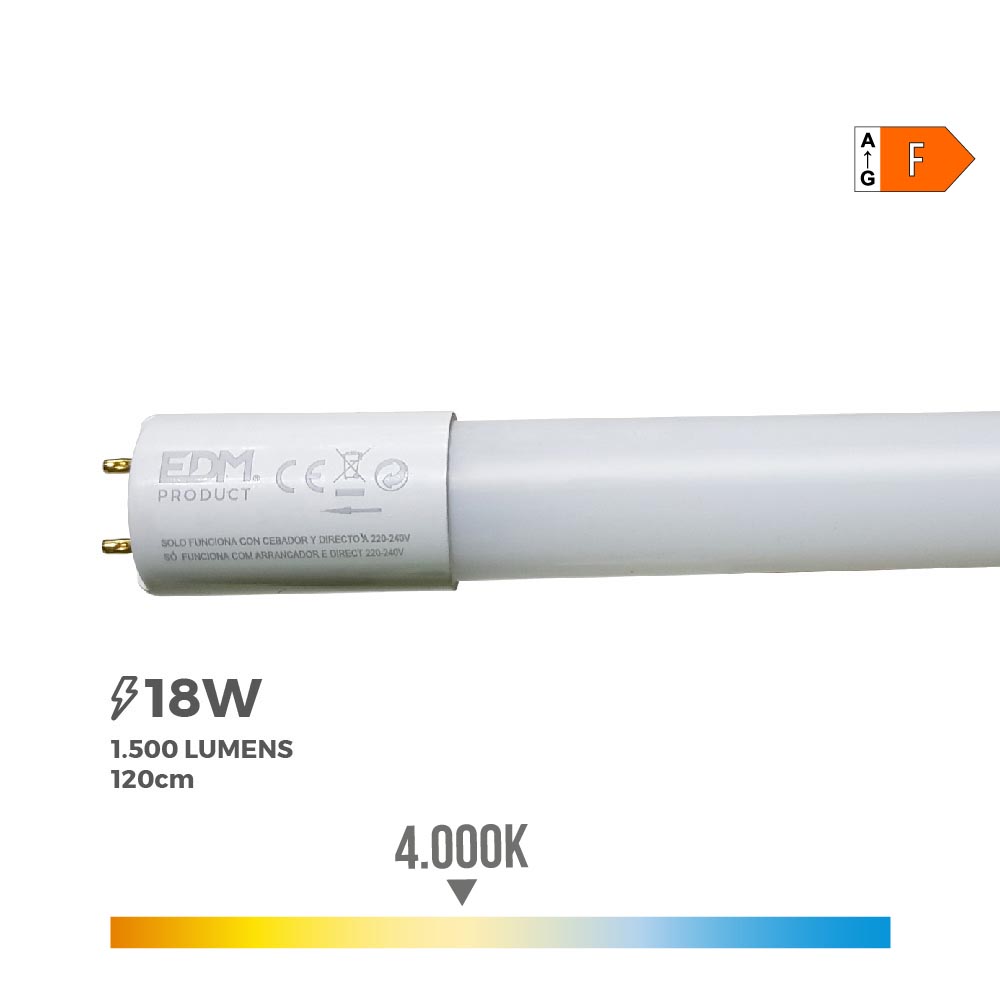 TUBO LED T8 18W 1950lm 4000K LUZ DIA (EQ.36W) Ø2,6x120cm EDM