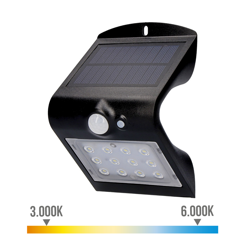 APLIQUE SOLAR 1,5W 220lm RECARGABLE. SENSOR DE PRESENCIA (2-6m) COLOR NEGRO 9,5x7,3x13cm EDM