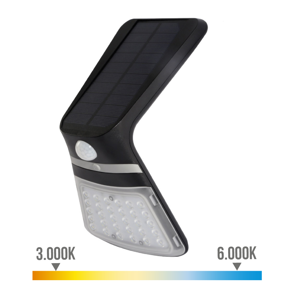 APLIQUE SOLAR 3,5W 430lm RECARGABLE SENSOR PRESENCIA (2-8m) COLOR NEGRO 10,5x13cm EDM