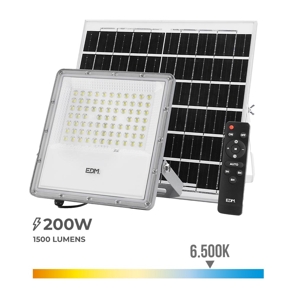 FOCO PROYECTOR LED SOLAR 200W 1500Lm 6500K LUZ FRIA IP65 EDM