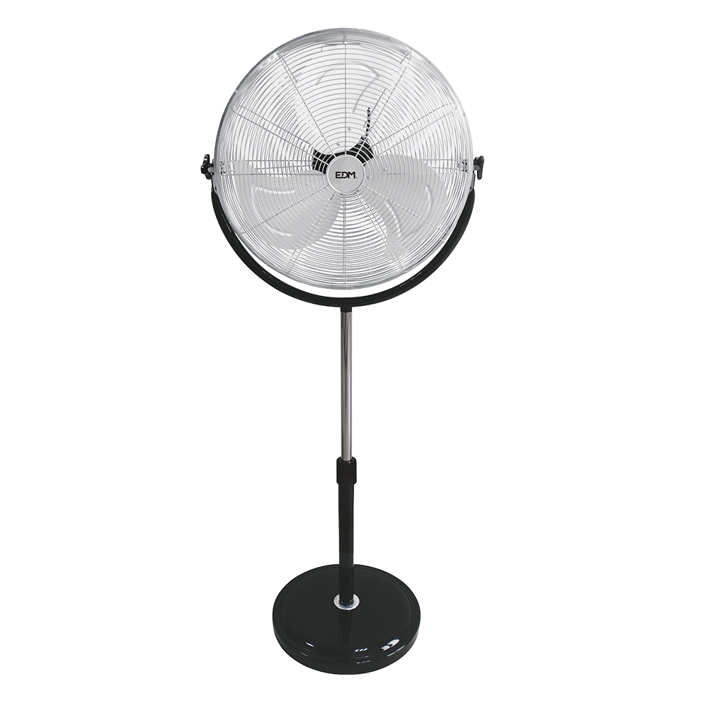 VENTILADOR DE PIE INDUSTRIAL, CON BASE CIRCULAR. CROMADO/NEGRO POTENCIA: 120W ASPAS: Ø50cm ALTURA REGULABLE 118-148cm EDM