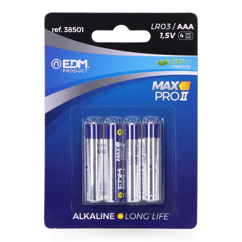 PILA EDM ALKALINA LONG LIFE AAA - LR03 1,5V (BLISTER 4 unid.) Ø10,5x44,5mm