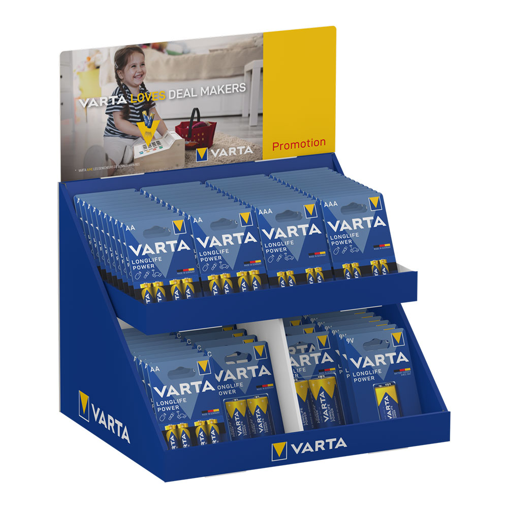 EXPOSITOR DE CARTON DE SOBREMESA CON BLISTERS VARIOS AAA-AA-C-D-9V VARTA 43x36x29cm