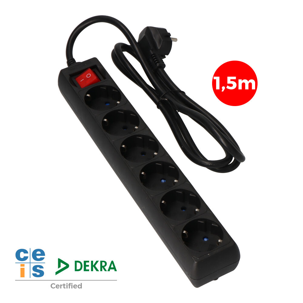 BASE MULTIPLE 6 TOMAS T/TL 10/16A SCHUKO + INTERRUPTOR 1,5m 3x1,5mm COLOR NEGRO EDM