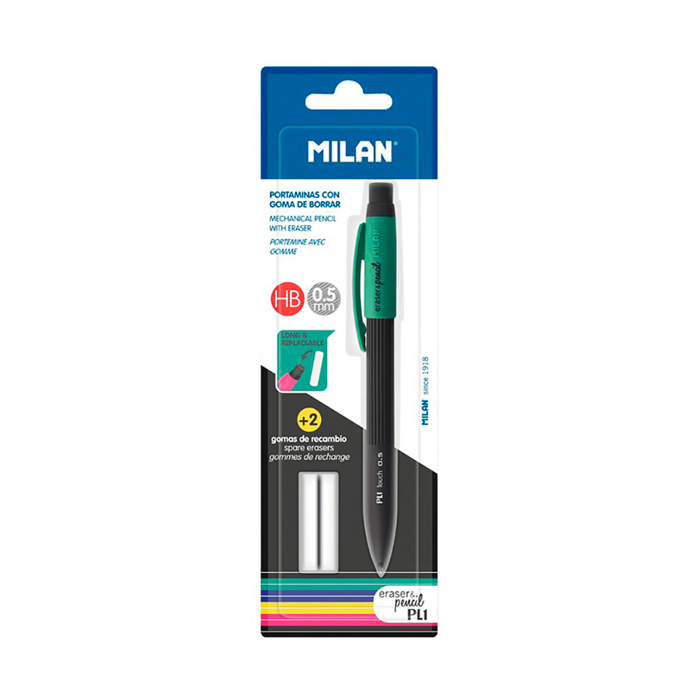 BLISTER CON PORTAMINAS PL1 0,5mm + 2 GOMAS MILAN COLORES / MODELOS SURTIDOS