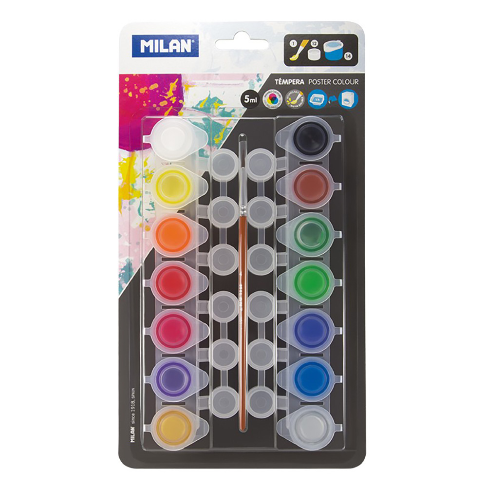 BLISTER CON 14 BOTES DE TEMPERA 5ml + 12 BOTES DE MEZCLAS Y PINCEL MILAN