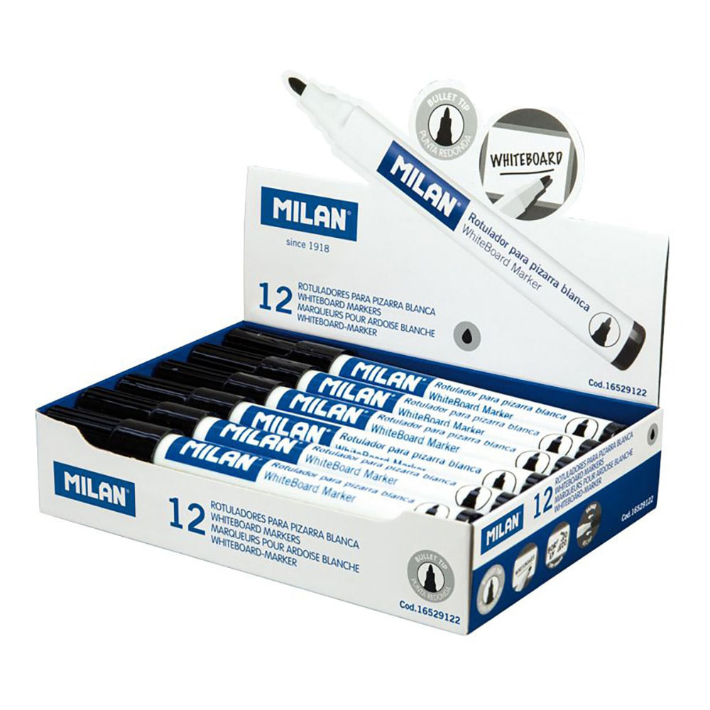 CAJA DE 12 ROTULADORES NEGROS Ø4,7mm PARA PIZARRA BLANCA MILAN