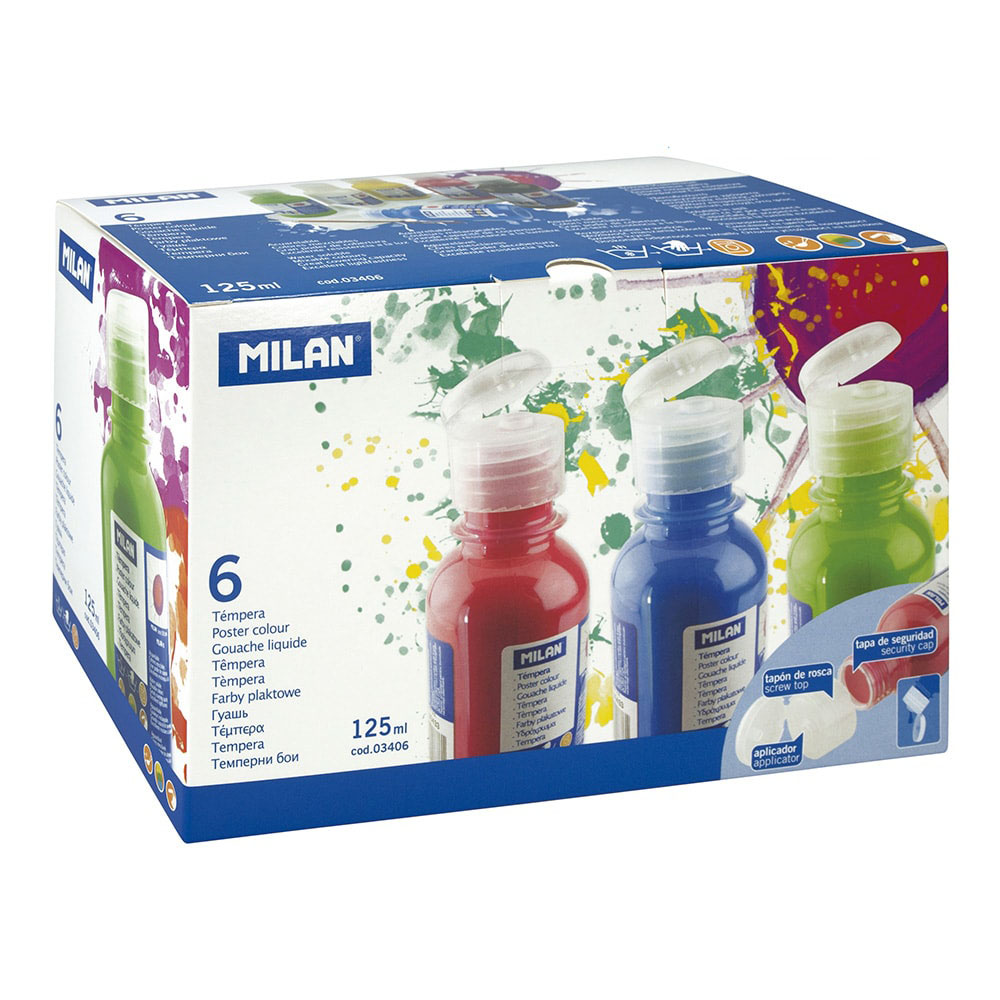 CAJA CON 6 BOTELLAS DE 125ml DE TÉMPERA COLORES SURTIDOS MILAN