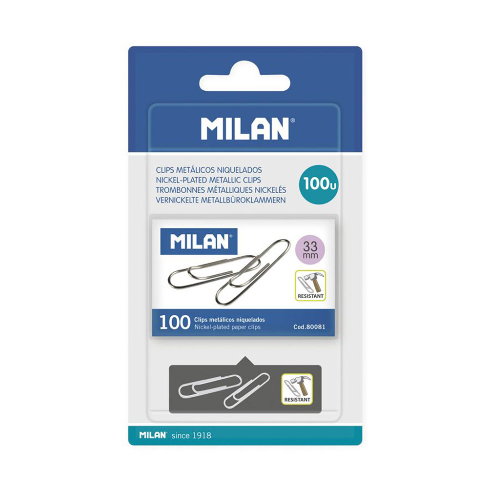 BLISTER 1 CAJA CON 100 CLIPS METALICOS 33mm MILAN.