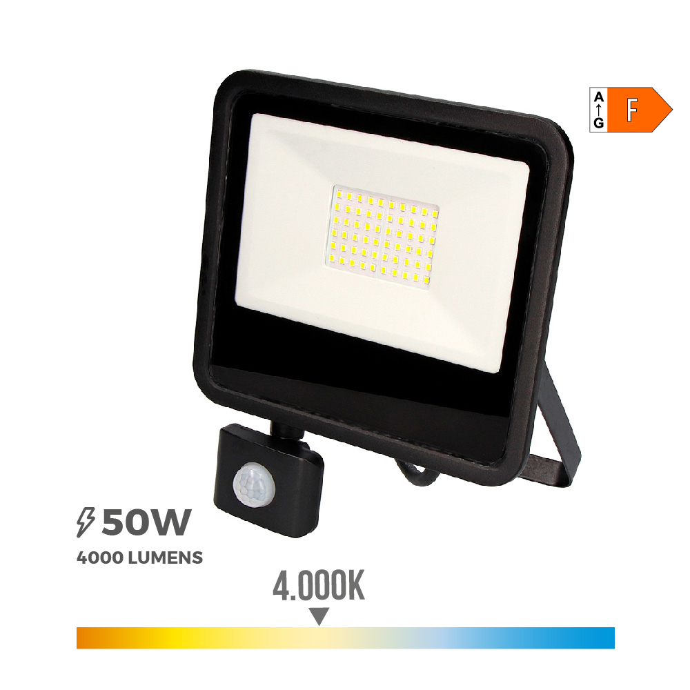 FOCO PROYECTOR LED 50W 4000lm 4000K LUZ DIA CON SENSOR DE PRESENCIA 23,8x4,5x19,2cm EDM