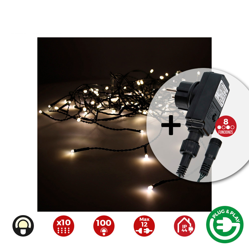 CORTINA CON PROGRAMDOR EASY-CONNECT 2x1m 10 TIRAS 100 LEDS BLANCO CALIDO EDM