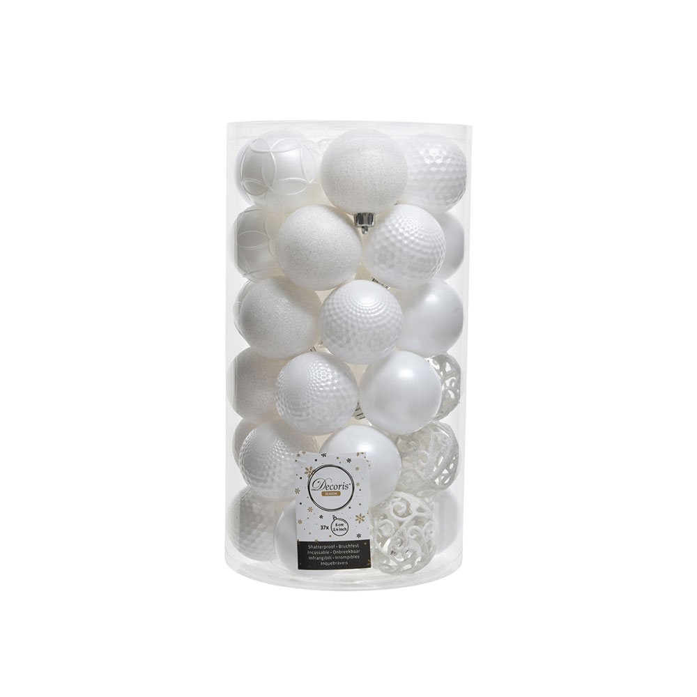 TUBO CON 37 BOLAS BLANCAS DECORATIVAS PARA ARBOL DE NAVIDAD Ø6cm