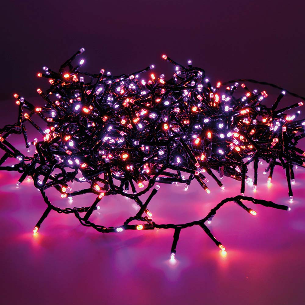 GUIRNALDA LED COMPACT PARPADEANTE EXTERIOR MORADO Y NARANJA 750 LEDS CABLE NEGRO 21m