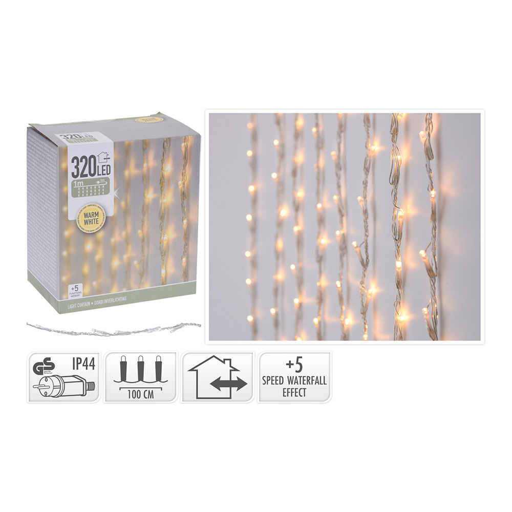 CORTINA 320 LEDS BLANCO CÁLIDO CON 5 FUNCIONES 1x2m