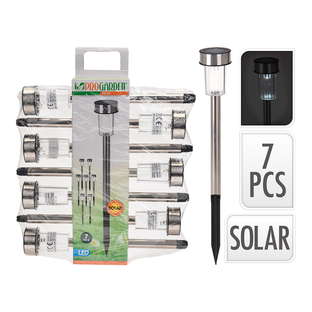 PACK 7 ESTACAS SOLAR DE JARDIN. ACERO INOXIDABLE. 1 LED IP44 Ø5x36cm