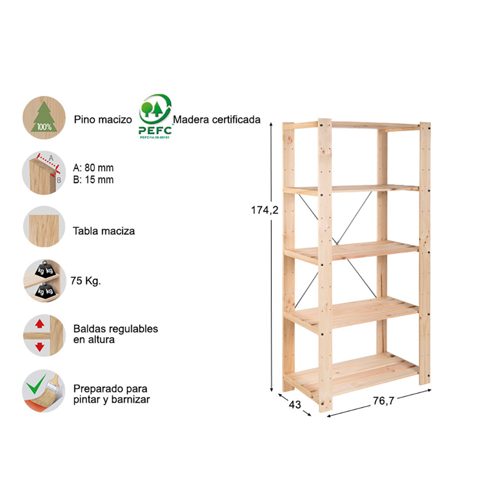 ESTANTERIA ALISTONADA EVOLUTION 5 175x76,7x43cm PINO MACIZO ASTIGARRAGA