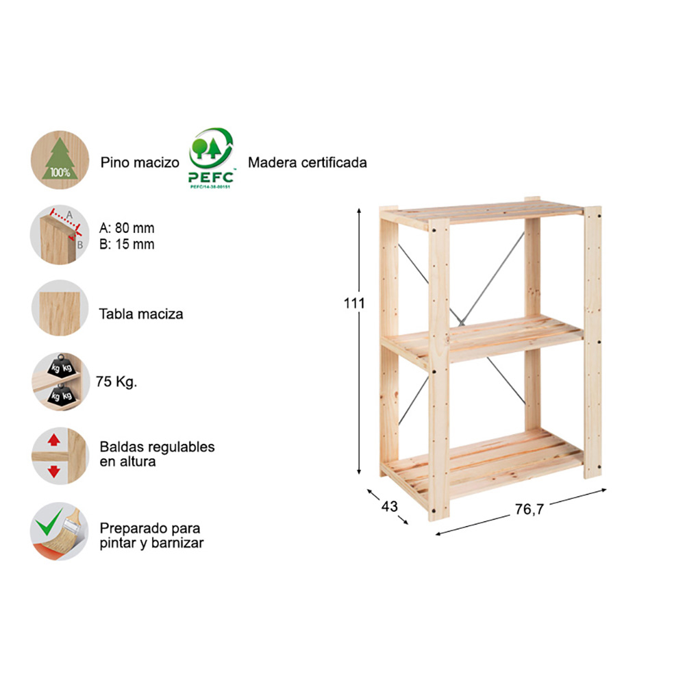 ESTANTERIA ALISTONADA EVOLUTION 3 111x76,7x43cm PINO MACIZO ASTIGARRAGA