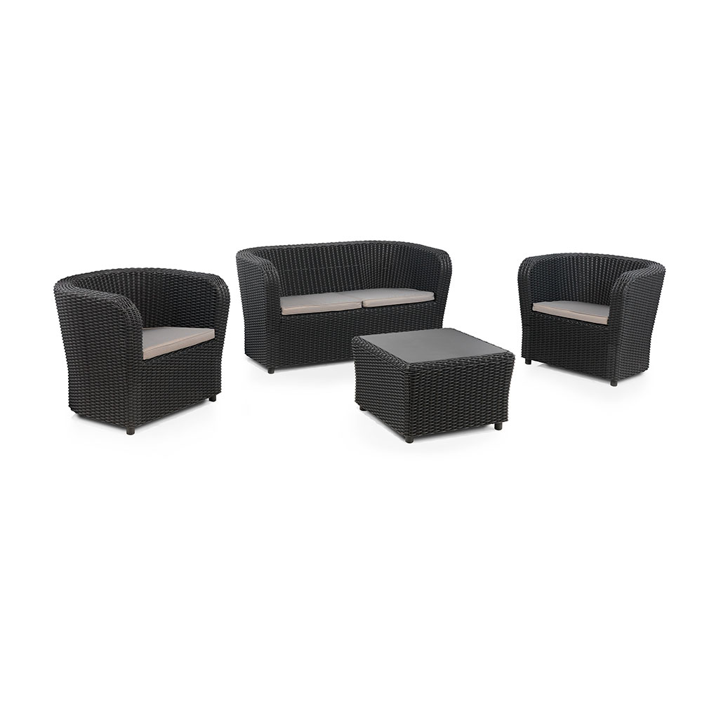 CONJUNTO JARDIN/TERRAZA DE 2 SILLONES+1 SOFA+1 MESA SILLONES: 79,3x68,1x70,7cm SOFA: 137x68,2x70,6cm MESA: 63x63x41cm NOVA CONFORT GRAFITO SP BERNER