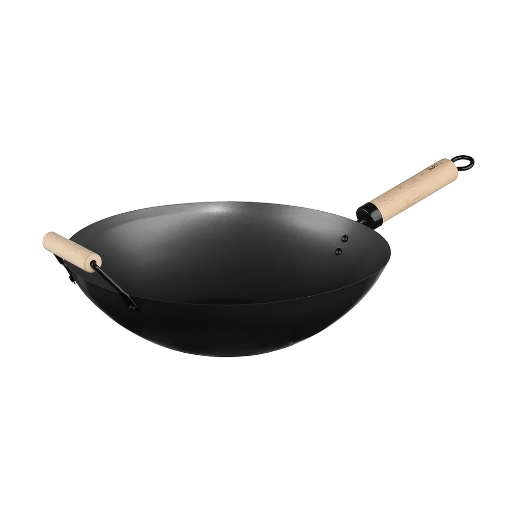 WOK DE ACERO Ø35cm CON MANGO DE MADERA Y ASA.