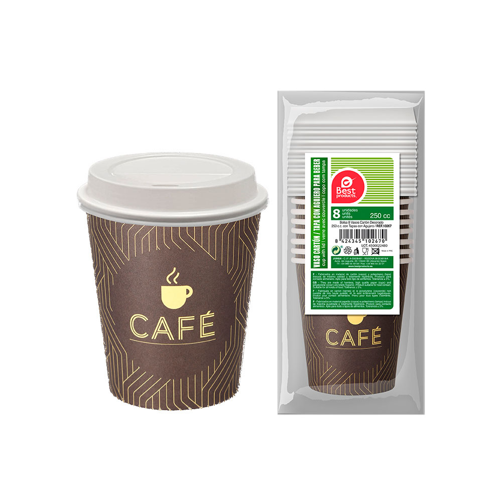 BOLSA CON 8 unid. VASOS DE CAFE+TAPA CON AGUJERO 250cc BEST PRODUCTS GREEN