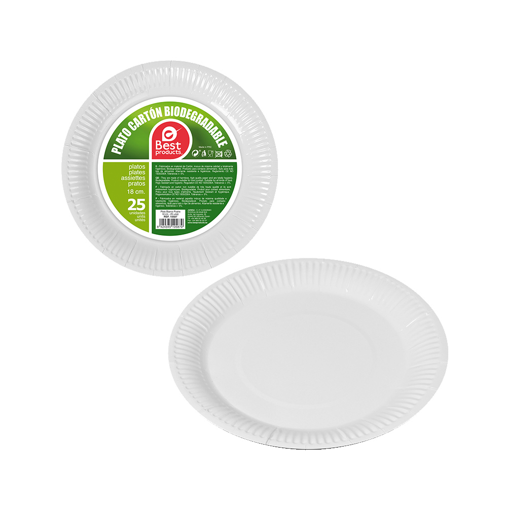 PACK CON 25 unid. PLATOS DE POSTRE DE CARTON BLANCOS Ø18cm BEST PRODUCTS GREEN
