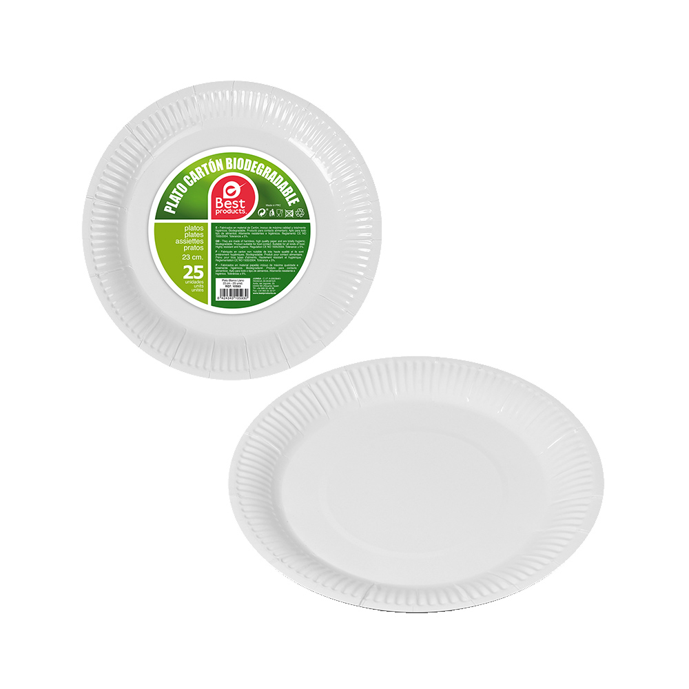 PACK CON 25 unid. PLATOS DE CARTON BLANCOS Ø23cm BEST PRODUCTS GREEN