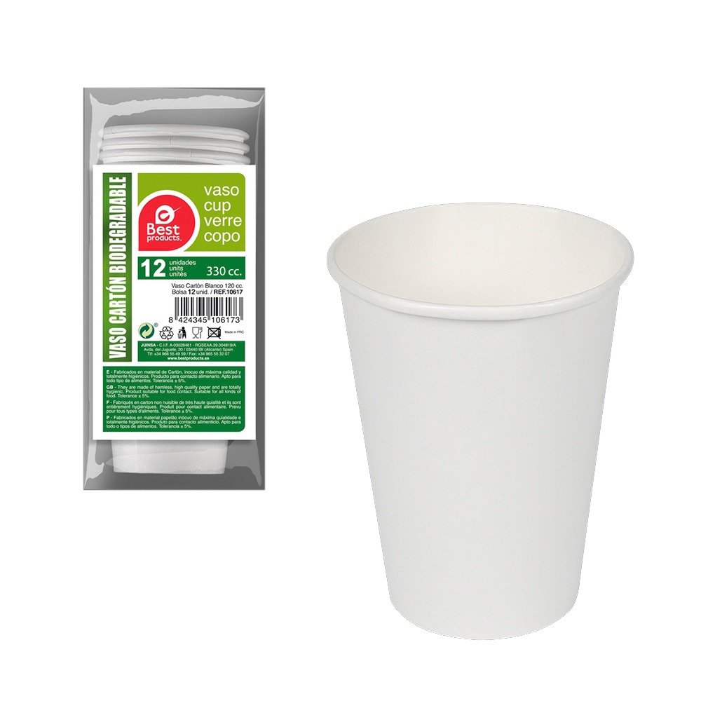 PACK CON 12 unid. VASOS DE CARTÓN BLANCOS 330cc BEST PRODUCTS GREEN