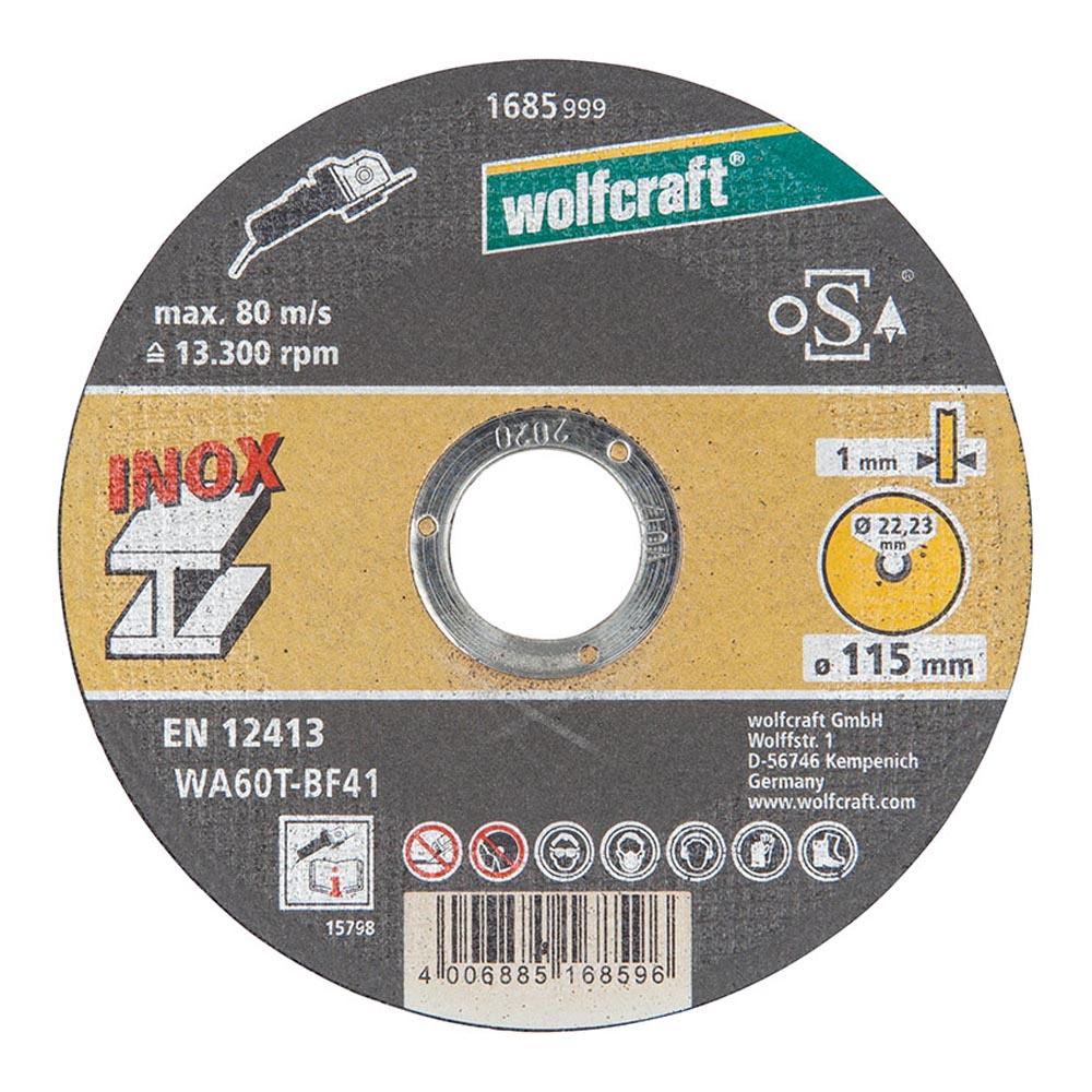 DISCO DE CORTE DE PRECISIÓN PARA ACERO INOXIDABLE Ø115x1,0x22,23mm. 1685999 WOLFCRAFT