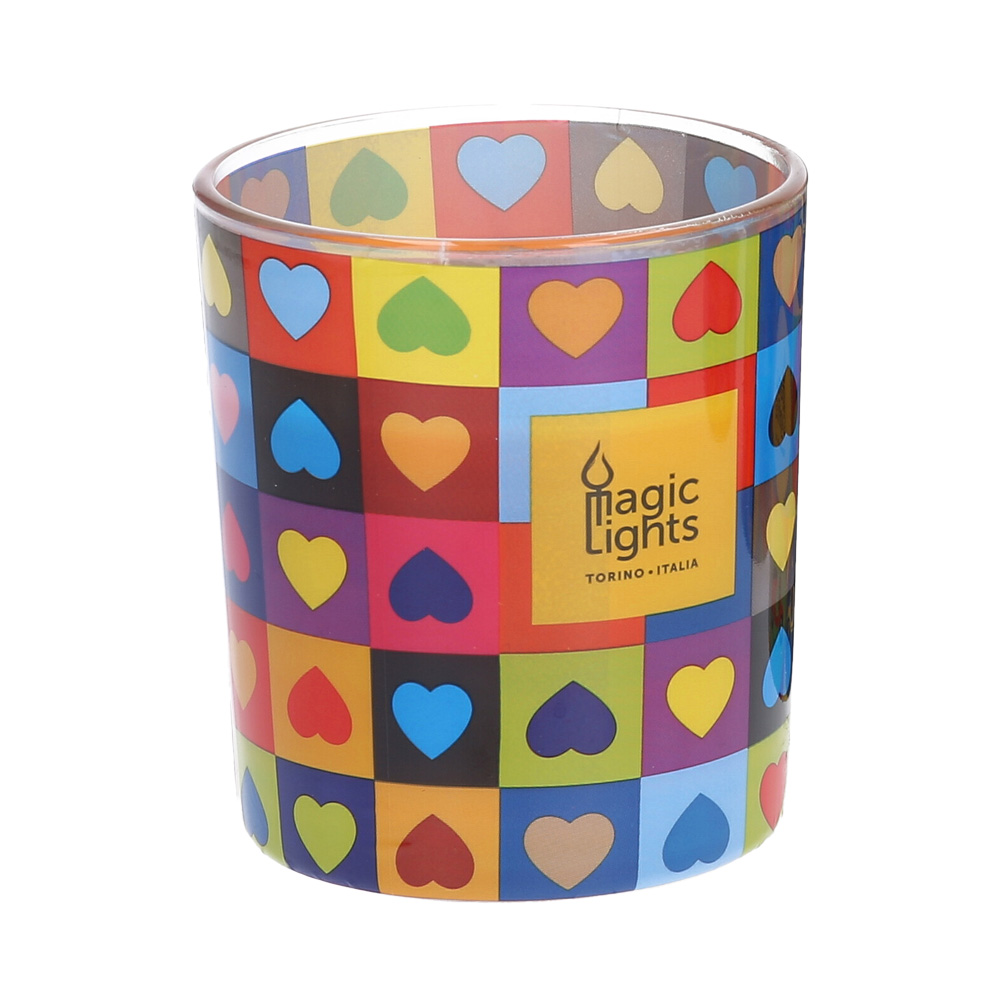 VELA EN VASO POP ART Ø7,5x8,4cm CORAZONES MAGIC LIGHTS