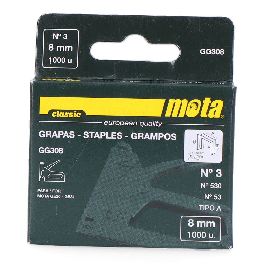 GRAPAS Nº 3 DE 8mm 1000 unid. ESPESOR 0,7mm GG308 MOTA