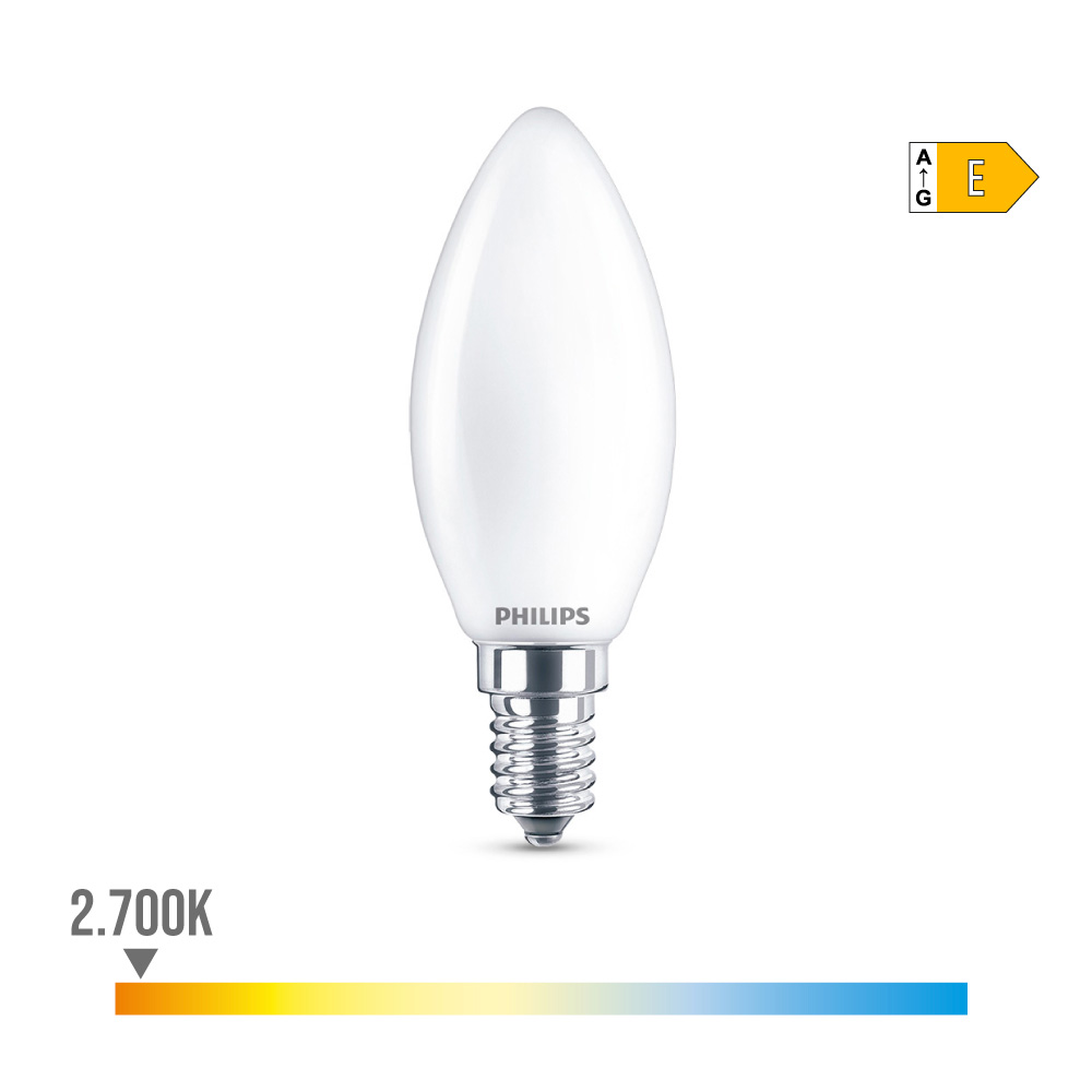 BOMBILLA VELA LED E14 6,5W 806lm 2700K LUZ CALIDA Ø3,5x9,7cm. PHILIPS