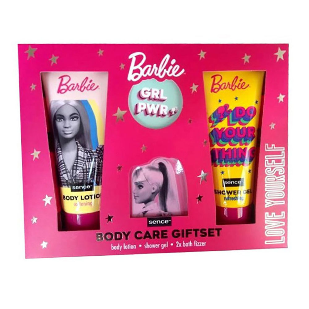 SET BAÑO BARBIE 4 PIEZAS GEL150ml+LECHE 150ml + 2 BOMBAS BAÑO