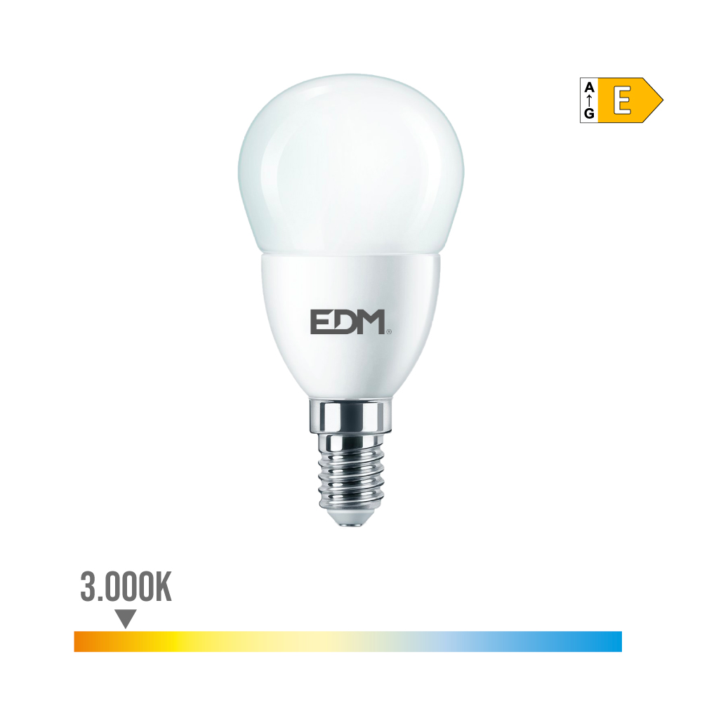 BOMBILLA ESFERICA LED E14 7W 806lm 3000K LUZ CALIDA Ø4,8x9,5cm EDM